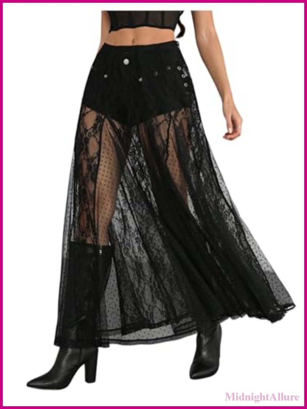 Sheer Contrast Lace A-Line Flared Maxi Skirt Low Rise Breathable